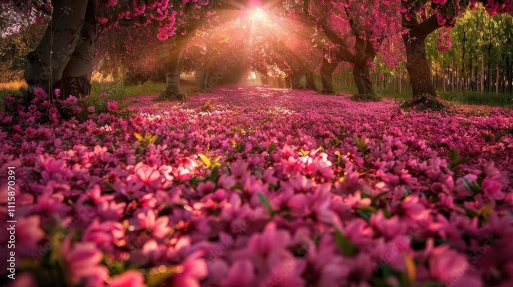 Obraz premium Pink Blossom Trees Sunlight Path Flower Carpet