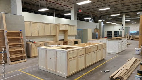 A wider view of a kitchen space where the unfinished island frame is positioned in the center surrounded by raw materials and stacked cabinetry awaiting installation. photo