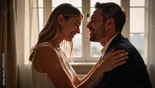 Intimate portrait of lovers sharing tender embrace with warm expressions exchanged under soft romantic lighting