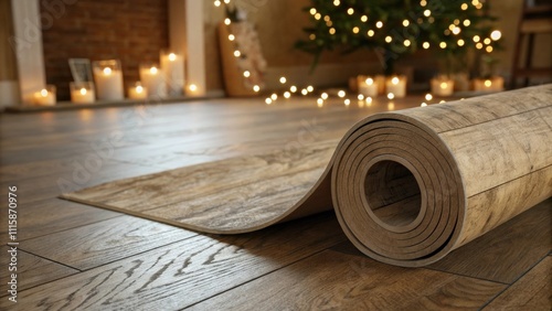 A warm rusticstyle vinyl flooring roll partially unrolled creating a cozy ambiance with warm lights flickering in the background. photo