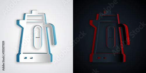Paper cut Electric kettle icon isolated on grey and black background. Teapot icon. Paper art style. Vector