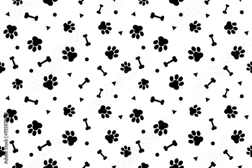 Bone And Cat Or Dog Paw Pattern Background With Geometric Confetti. Wallpaper. Vector Illustration