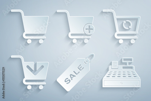 Set Price tag with Sale, Refresh shopping cart, Add to Shopping, Cash register machine, and icon. Vector