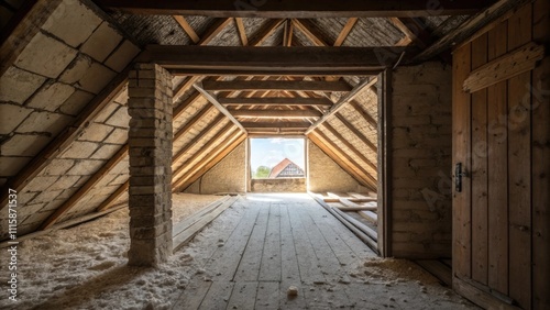 A view from within the attic looking out through a gap in the unfinished walls surrounded by exposed insulation batts and beams evoking a sense of openness and potential.
