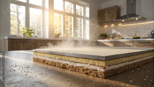 A view from the kitchen island looking down at the floor where the distinct layers of the underlayment are clearly visible and accented by errant dust particles in the sunlight. photo