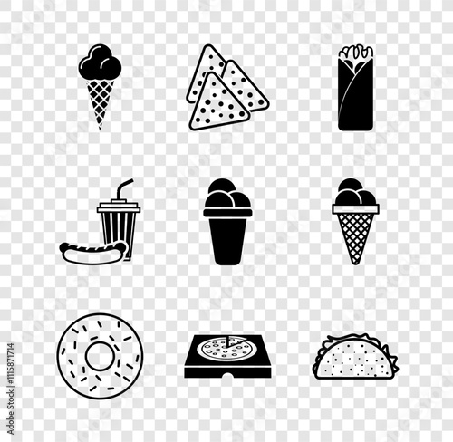 Set Ice cream in waffle cone, Nachos, Burrito, Donut, Pizza cardboard box, Taco with tortilla, Soda and hotdog and icon. Vector