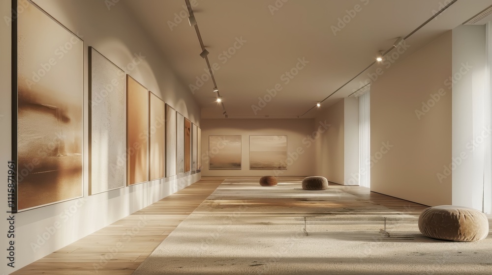 Fototapeta premium Sunlit Gallery Hallway Featuring Abstract Art And Seating