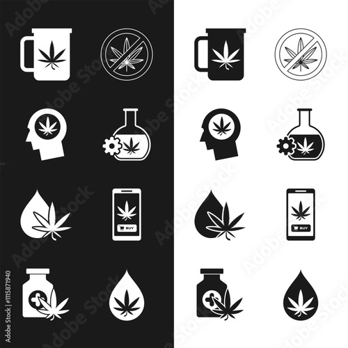 Set Test tube with marijuana, Head in profile, Cup tea, Stop, Marijuana or cannabis leaf oil, Online buying, and Medical bottle icon. Vector
