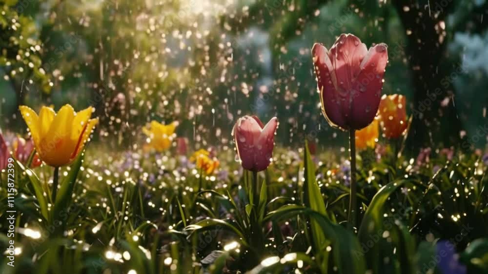 Spring Flowers in the Rain: Delicate Blooming Scene with April Showers and May Flowers in a Refreshing Natural Setting