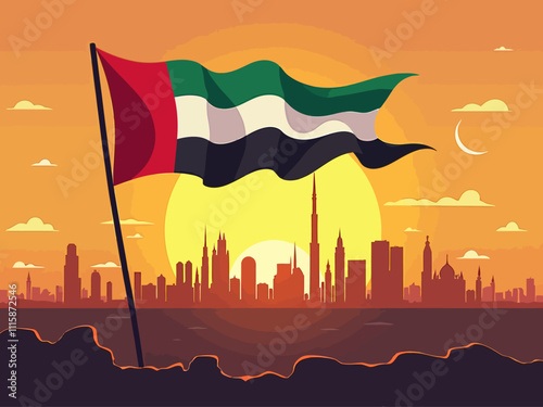  illustration minimalism UAE national day background with skyline and waving flag