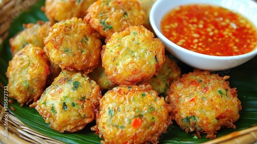 Delightful Savory Fritters Served with Spicy Dipping Sauce