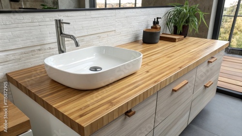 A trendy ecofriendly bamboo countertop smooth and inviting with a small round indentation where a chic vessel sink will eventually sit. photo