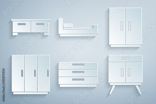 Set Chest of drawers, Wardrobe, Bed and icon. Vector