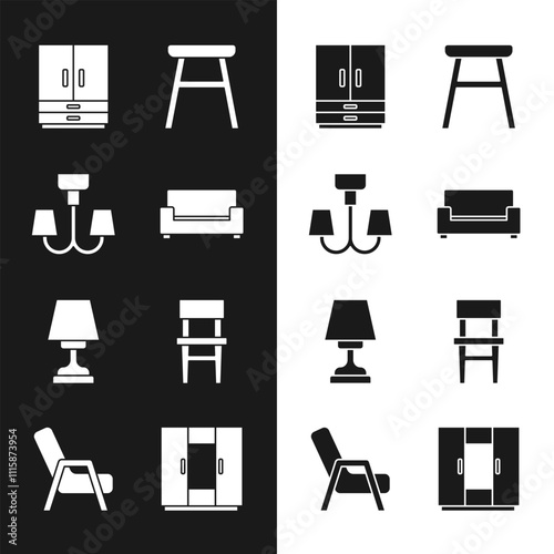 Set Sofa, Chandelier, Wardrobe, Chair, Table lamp, and Armchair icon. Vector