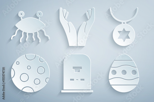 Set Tombstone with RIP written, Star of David necklace chain, Moon, Easter egg, Hands praying position and Pastafarianism icon. Vector