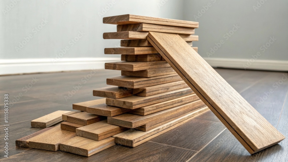 A stack of laminate flooring planks resting perilously on top of one another with one piece teetering on the edge hinting at an imminent collapse of the chaotic pile. A stack of laminate flooring planks resting perilously on top of one another with one piece teetering on the edge hinting at an imminent collapse of the chaotic pile.