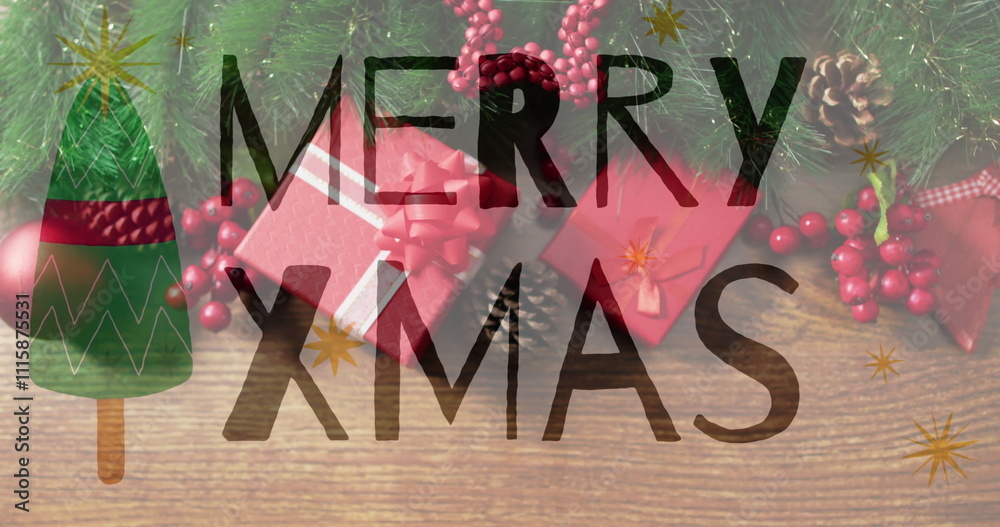 Obraz premium Merry Xmas text image over Christmas gifts and decorations on wooden background
