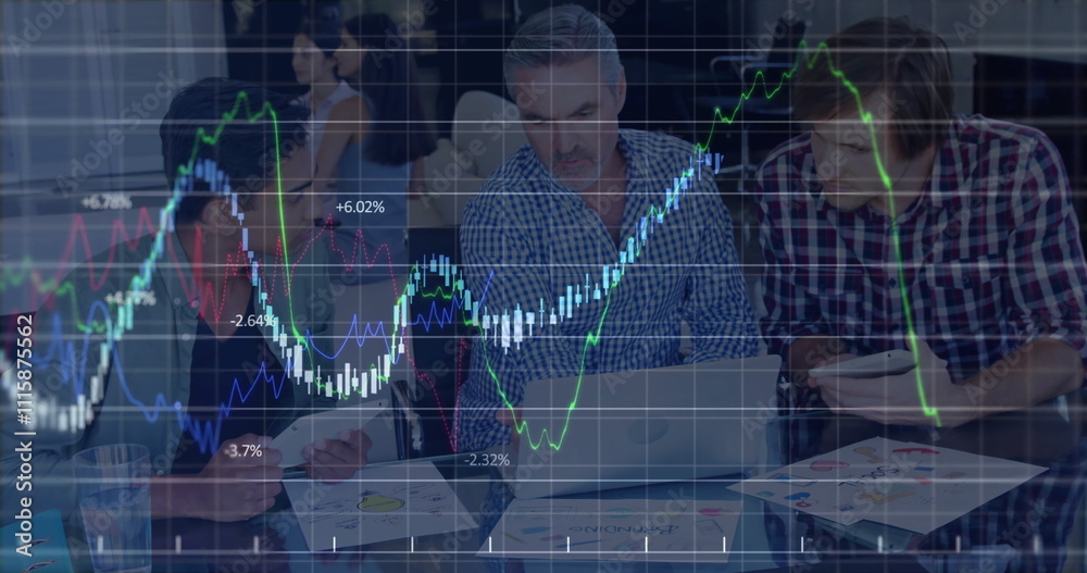 © vectorfusionart - Image of data processing and diagrams over diverse business people discussing work © vectorfusionart - Image of data processing and diagrams over diverse business people discussing work