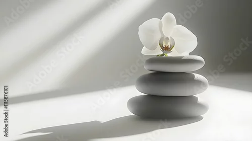 Obraz  z motywem kamienie, równowaga, minimalizm, styl zen, storczyk, harmonia, estetyka, biel, fotografia artystyczna, delikatność, spokój, elegancja, kamienie rzeczne, nowoczesny design, fotografia studyjna, aranżac