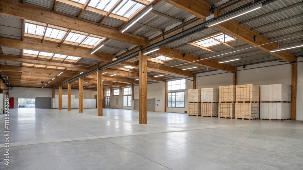 A spacious area characterized by its open layout with industrialstyle concrete floors and wooden beams punctuated by a structured arrangement of insulation packaging. A spacious area characterized by its open layout with industrialstyle concrete floors and wooden beams punctuated by a structured arrangement of insulation packaging.