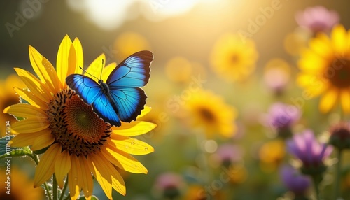 Vibrant Blue Butterfly Resting on Sunflower in Floral Field photo