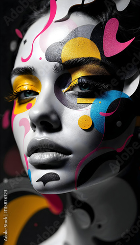 Artistic portrait of a woman with bold colors and patterns