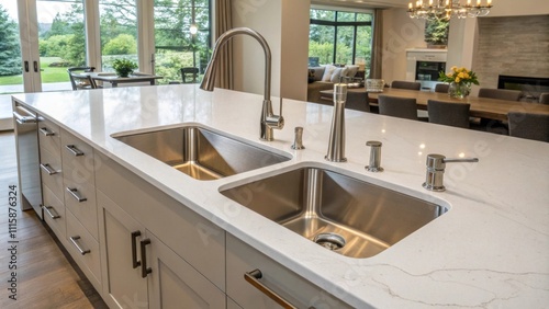 A spacious double sink basin is anchored in a large kitchen island where a collection of brushed nickel plumbing fixtures is thoughtfully arranged beside it. photo