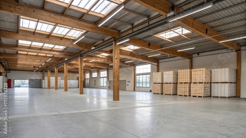 A spacious area characterized by its open layout with industrialstyle concrete floors and wooden beams punctuated by a structured arrangement of insulation packaging.