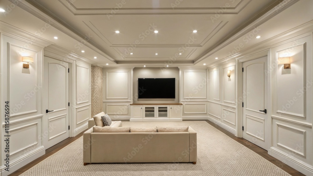 Fototapeta premium A softly lit area featuring clean white walls adorned only by the promise of future designa blank slate ready for builtin entertainment seating.