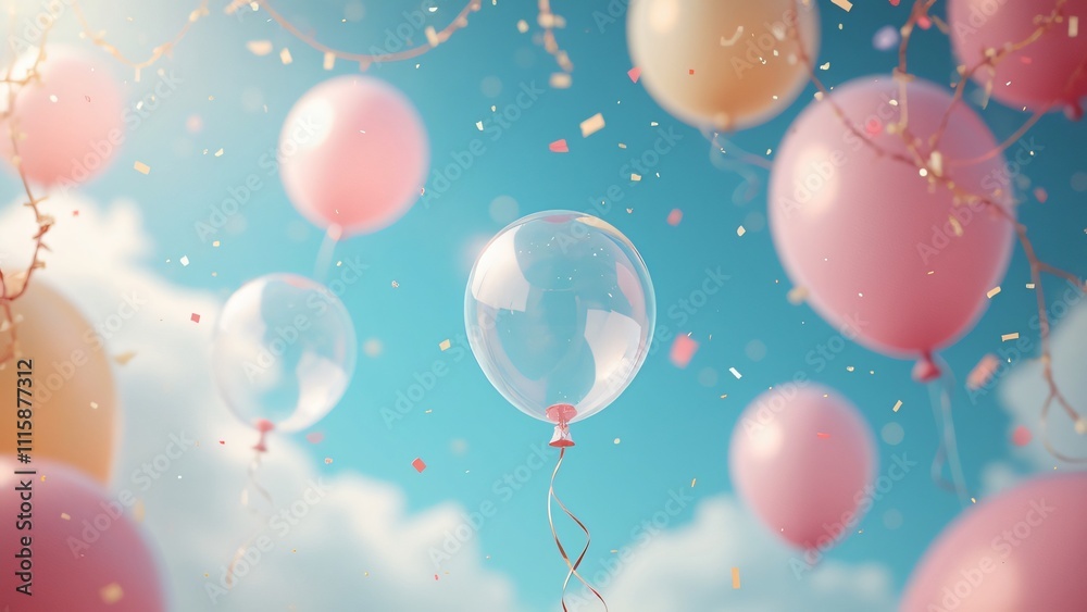 Fototapeta premium Ethereal Floating Balloons, Whimsical Party Scene, 3D Vector Collection