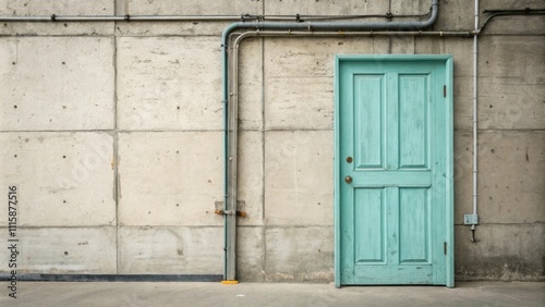 A simple wooden door half painted in a tranquil aquamarine leaning against an industrialstyle concrete wall with exposed pipes.