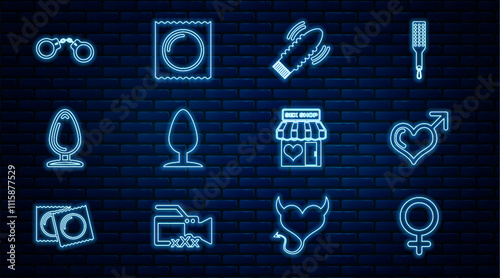 Set line Female gender symbol, Male and heart, Dildo vibrator for sex games, Anal plug, Handcuffs, Sex shop building and Condom package icon. Vector