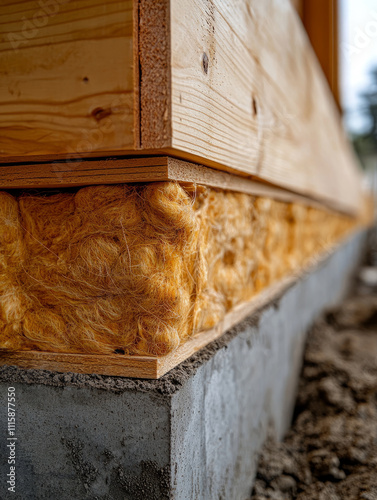 Close-up of building insulation in a wooden wall.