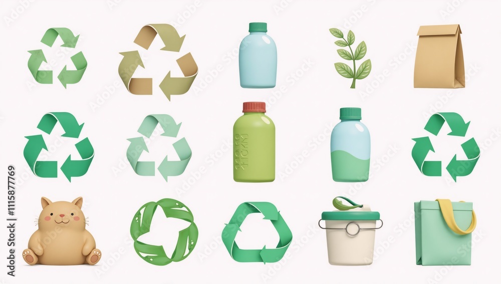 Cartoon-style recycling symbols on a simple isolated design with a clean white backdrop