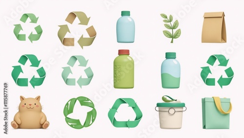 Obraz na płótnie Cartoon-style recycling symbols on a simple isolated design with a clean white backdrop w salonie
