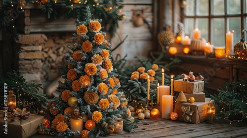 A Rustic Christmas Tree Decorated With Orange Roses photo