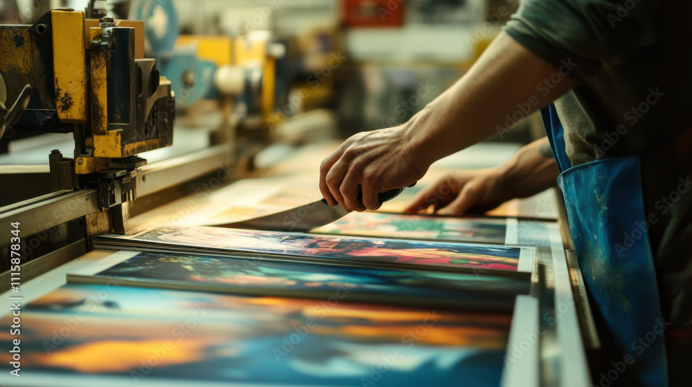 Worker cutting printed advertisement materials with precision and care, showcasing vibrant workspace filled with colorful prints and machinery Worker cutting printed advertisement materials with precision and care, showcasing vibrant workspace filled with colorful prints and machinery