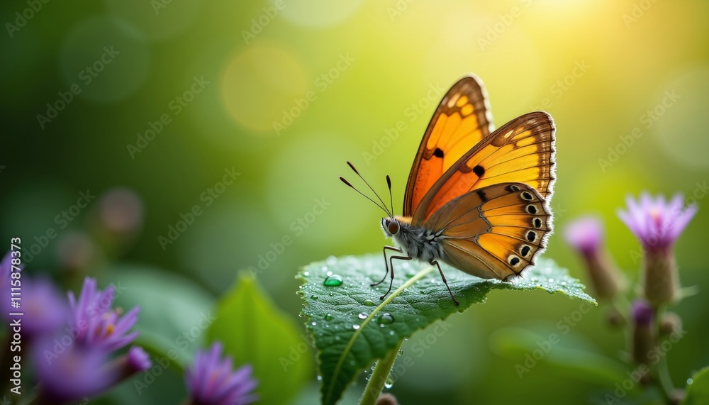 Obraz premium Vibrant Orange Butterfly Resting on Green Leaf Among Flowers