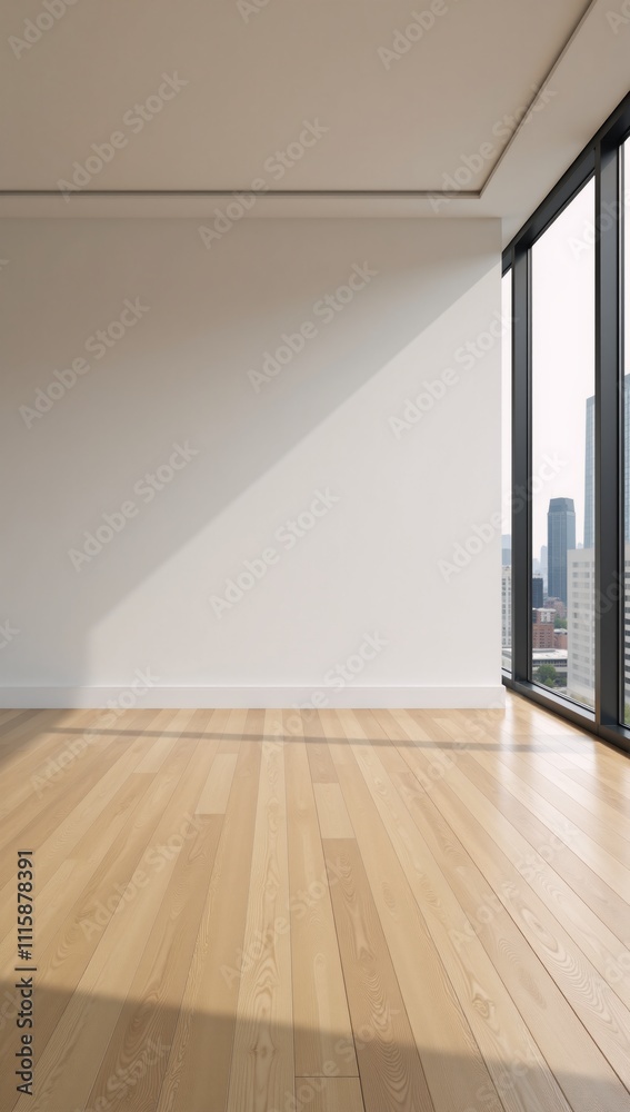 Fototapeta premium Modern space empty frame on wood-floored wall city panorama through large windows in natural light Rendering