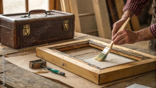 A rusticthemed renovation where a handcrafted wooden frame is being sealed with a vintage toolbox nearby emphasizing the handmade quality of the work. photo