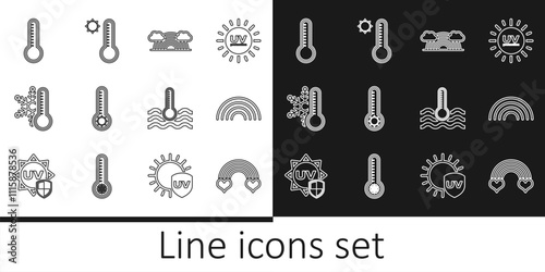Set line Rainbow with heart, clouds, Meteorology thermometer, Thermometer snowflake, Water and icon. Vector