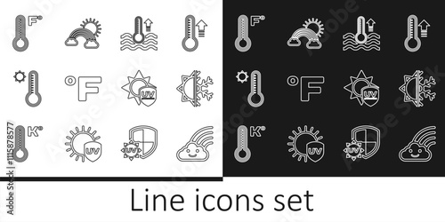 Set line Rainbow with cloud, Sun and snowflake, Water thermometer, Fahrenheit, Meteorology, UV protection and clouds sun icon. Vector