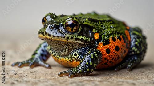Close up of a colorful frog.  Concept of amphibian wildlife and nature.