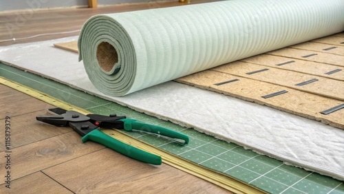 A partially rolledout insulation layer covering a section of the floor with green construction shears resting on the side. photo