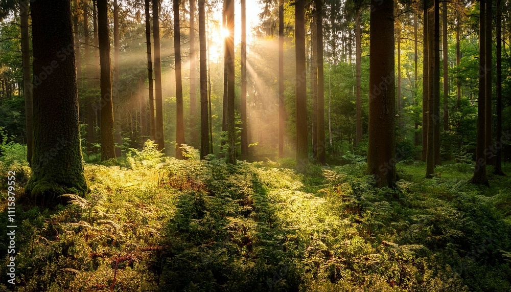 Obraz premium a peaceful forest scene with sunlight shining through the trees