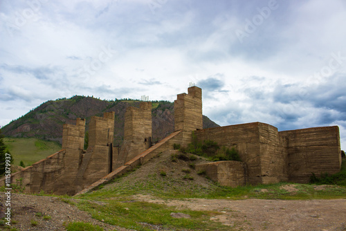 View on abandoned unfinished Aktash hydroelectric power station on Chuya river in the Altai Republic, Russia photo