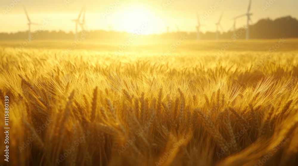 Obraz premium Wind turbines in wheat field at sunrise with farmers in background