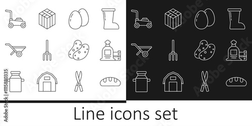 Set line Bread loaf, Full sack and wooden box, Chicken egg, Garden pitchfork, Wheelbarrow, Lawn mower, Potato and Bale of hay icon. Vector