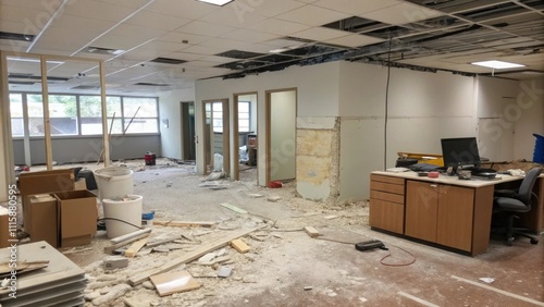 An office area in disarray cluttered with cled drywall pieces and tered dust hinting at the recent chaos of remodeling activities. photo