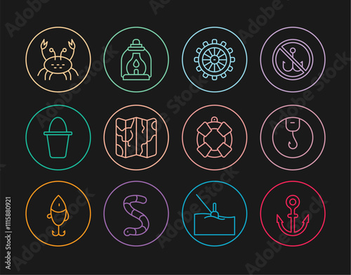 Set line Anchor, Fishing hook, Ship steering wheel, Folded map, bucket, Crab, Lifebuoy and Camping lantern icon. Vector